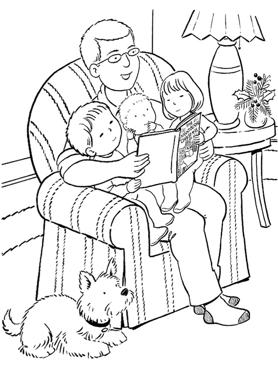 Папа читает детям сказку про Рождество
