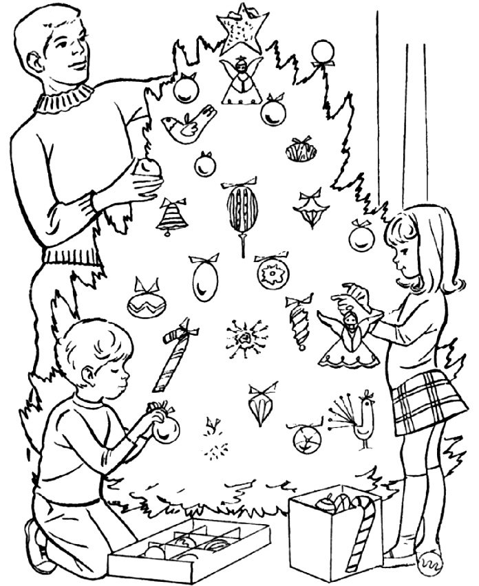 Папа и дети украшают ёлку