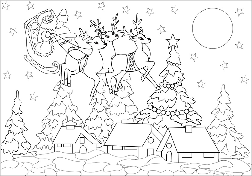 Санта-Клаус на санях, запряженных парой оленей