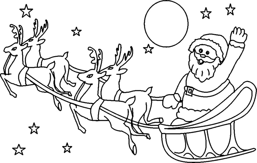 Раскраска онлайн Дед Мороз на санях с оленем бесплатно