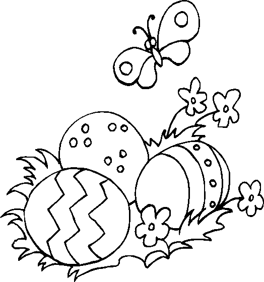 Бабочка над кучкой пасхальных яиц в траве