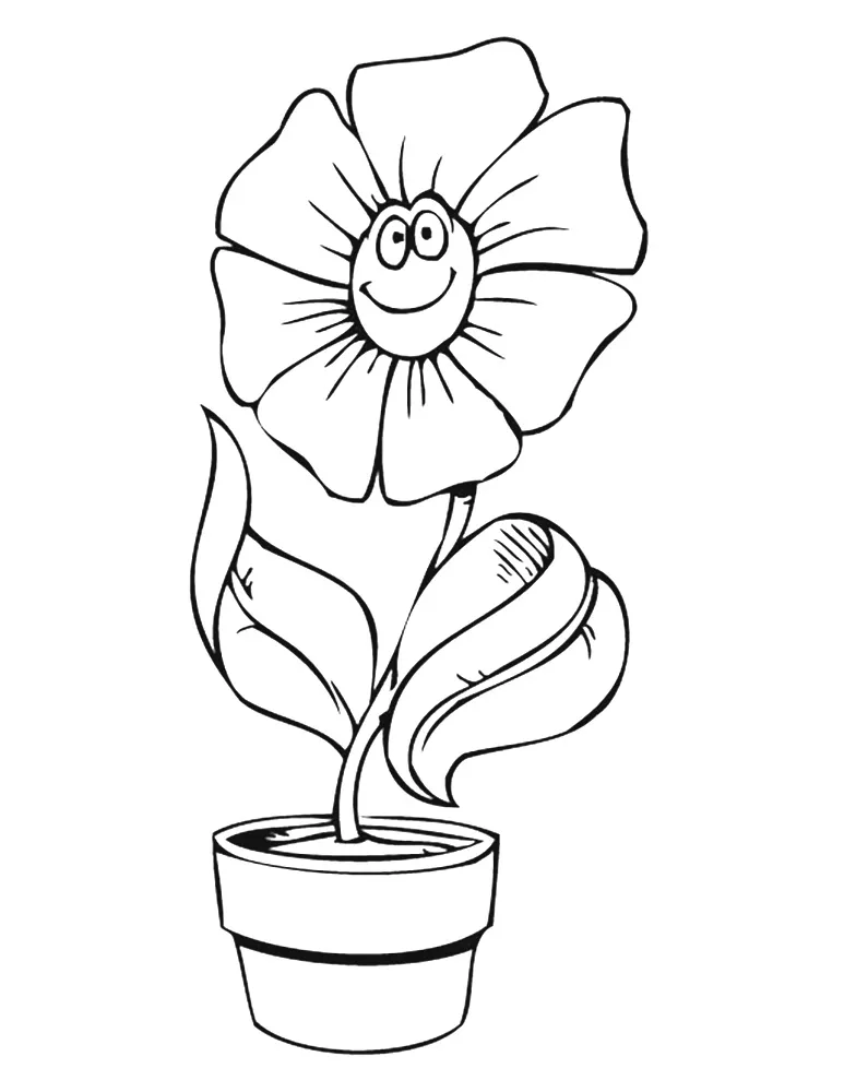 Раскраска Цветок с мультяшным личиком в горшке