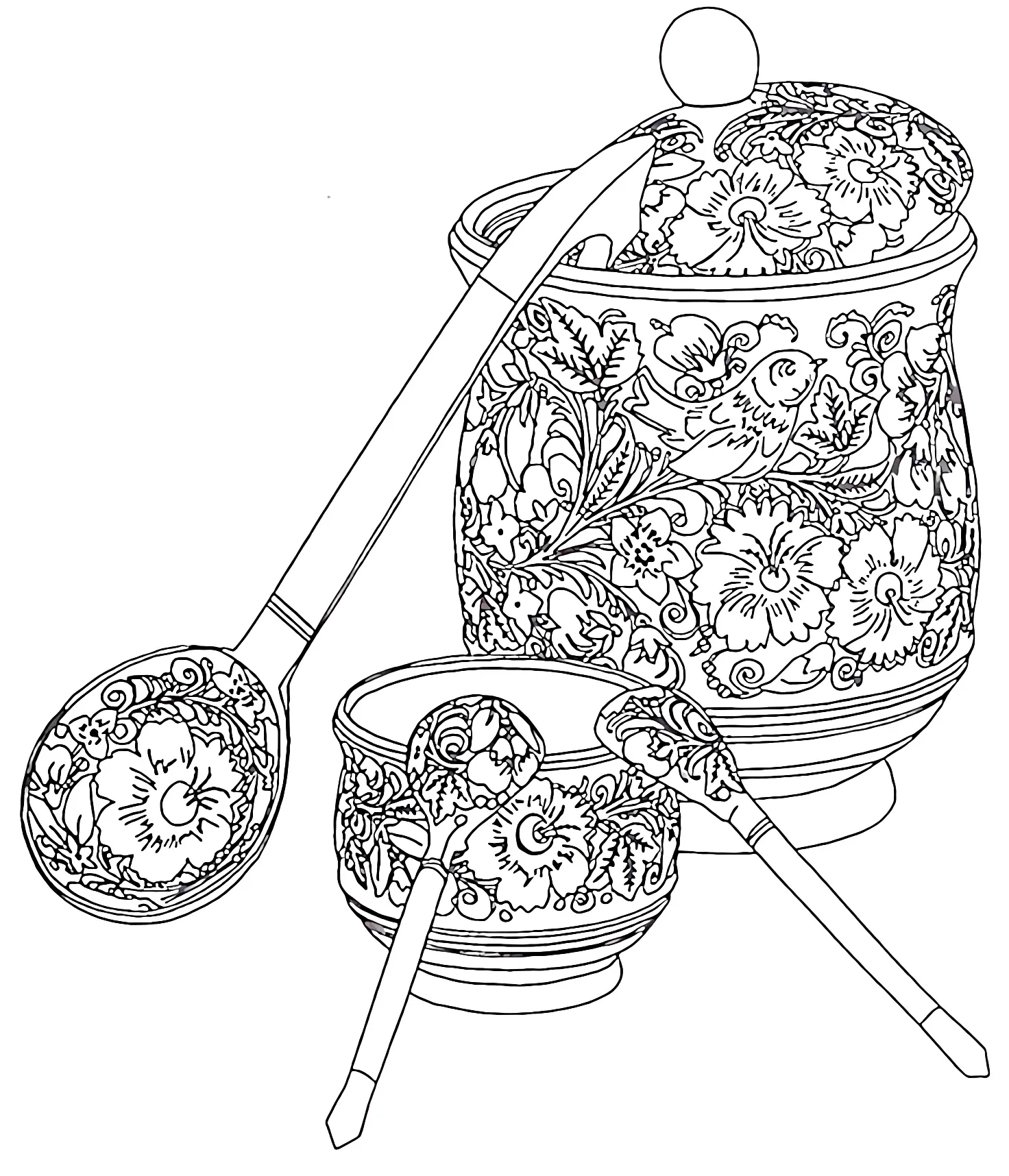 Раскраска Хохломская распись. Крынка, чашка и три деревянные ложки