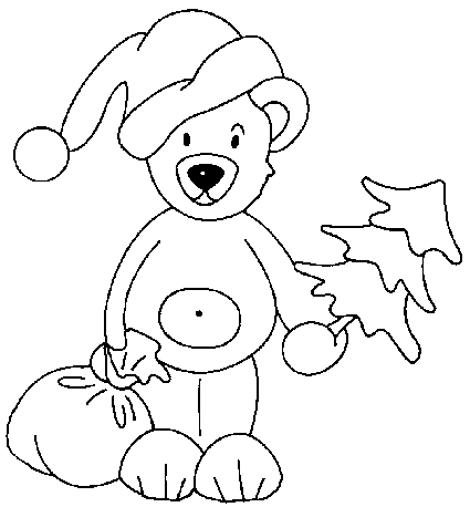 Мишка в новогоднем колпаке с елочкой и мешком подарков