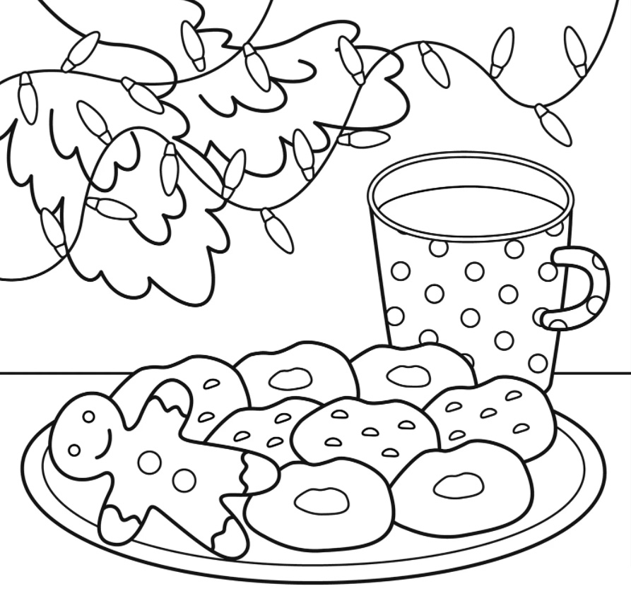 Ветка ёлки с гирляндой и тарелка с печеньем на столе