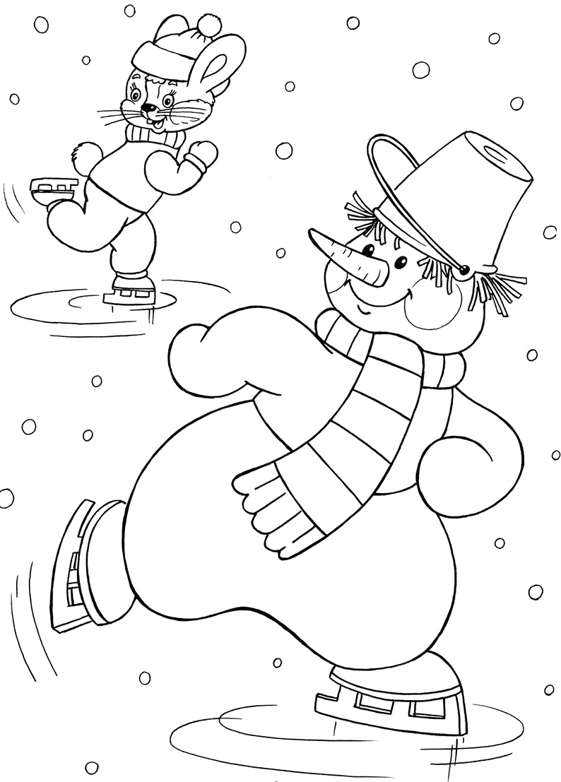 Зайчик и снеговик катаются на коньках
