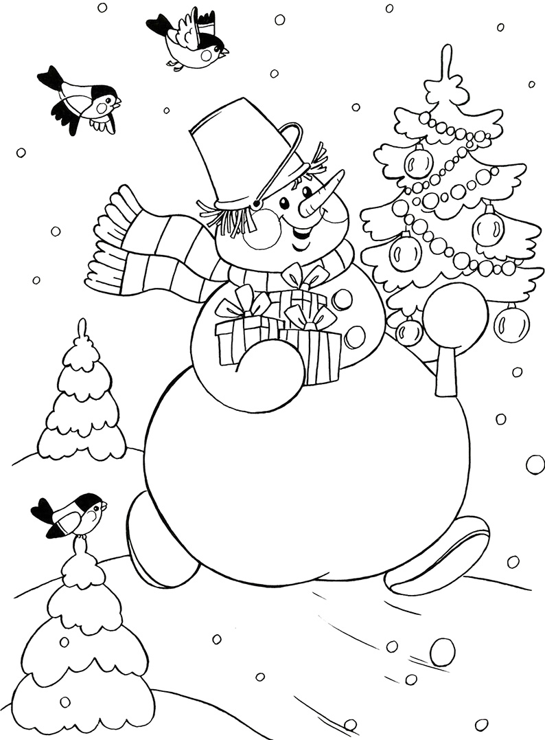 Снеговик несет ёлочку и подарки
