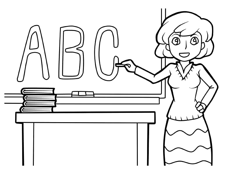 Учительница у доски с написанными буквами латинского алфавита: A, B, C