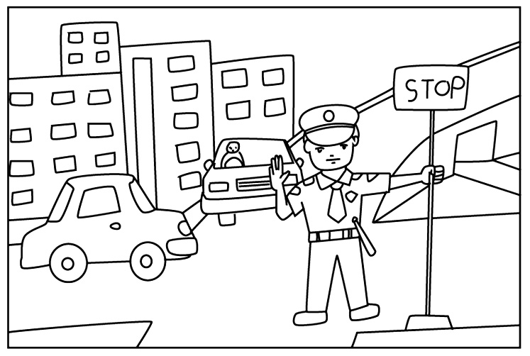 Полицейский на перекрестке с табличкой STOP
