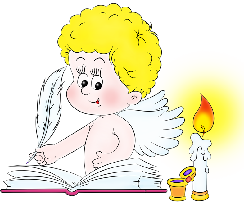 Ангелок с книгой, свечой и пером в руках