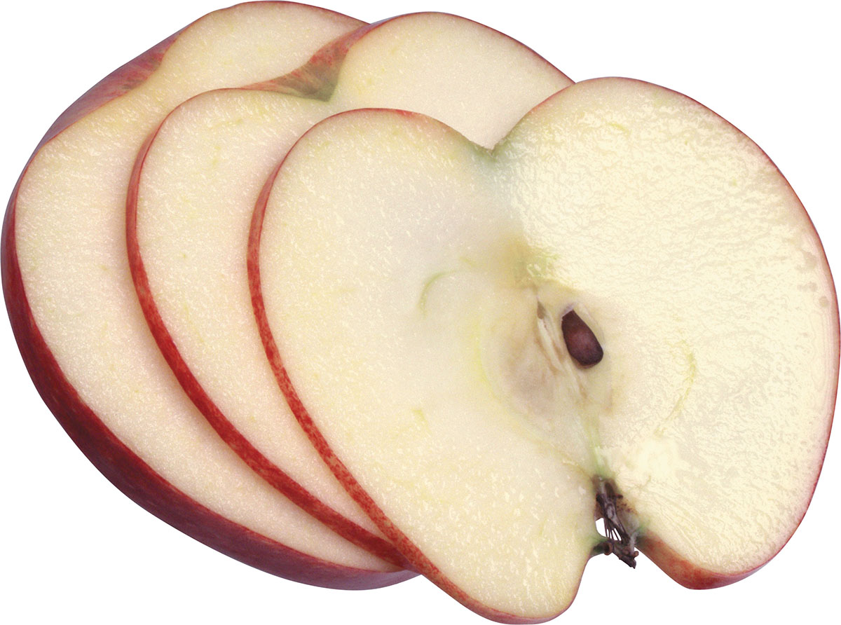 Красное яблоко, порезанное тонкими пластинками