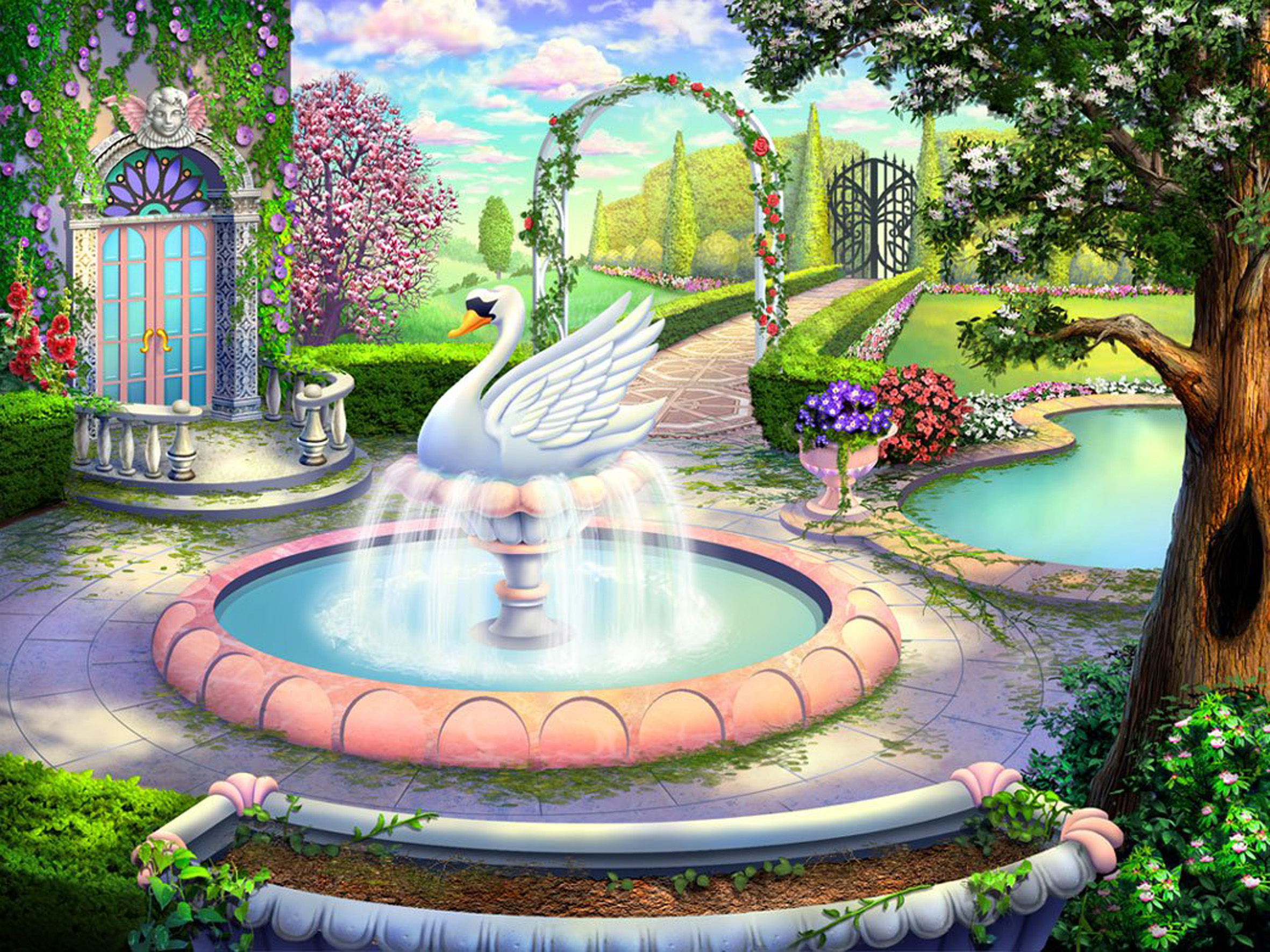 Красивый сад для детей с фонтаном