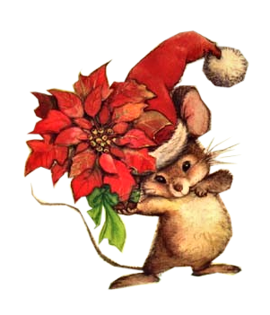 Мышонок в красном колпаке и с цветком пуансеттии в лапках