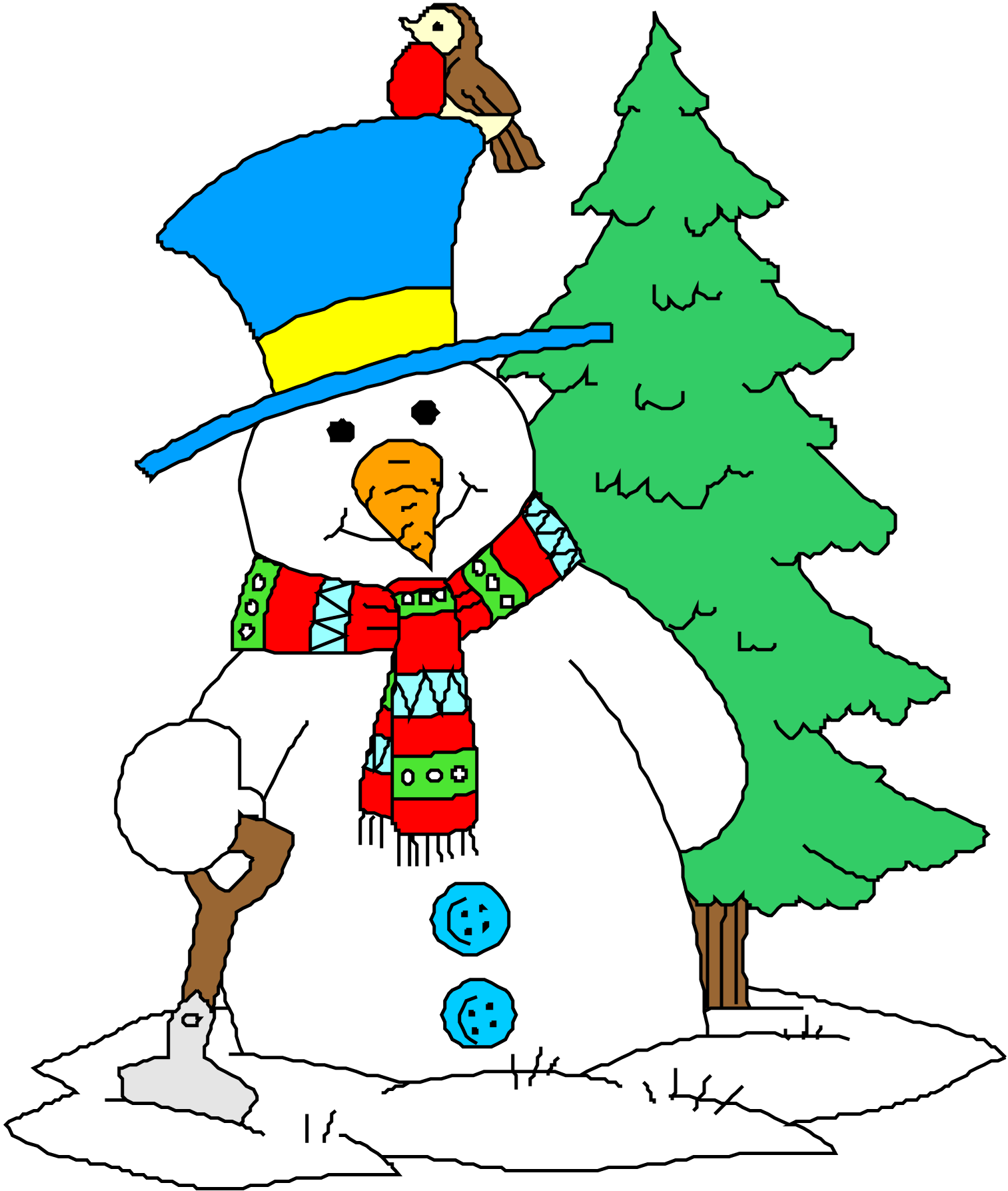 Снеговик с лопатой и ёлка. Клипарт на прозрачном фоне